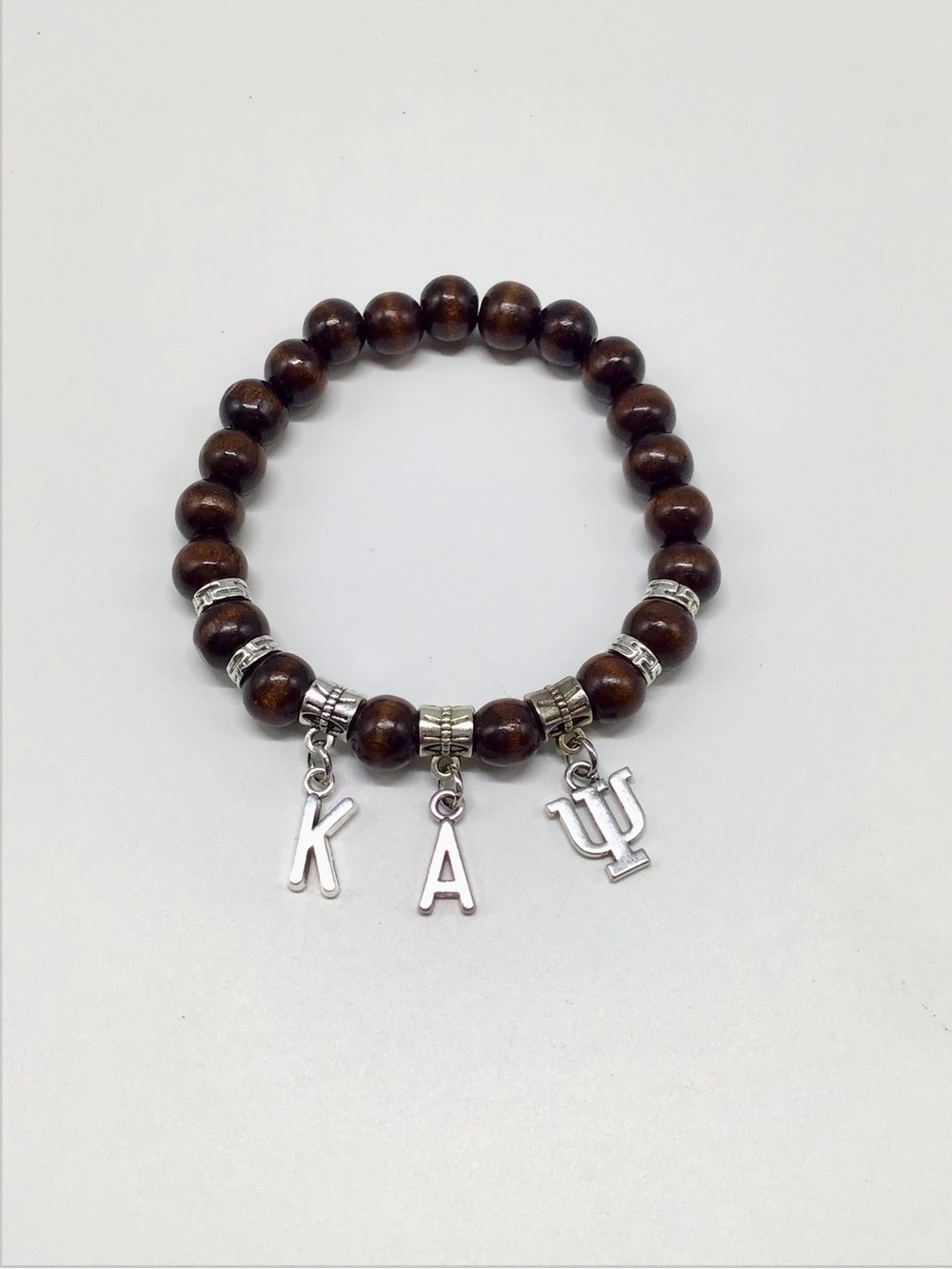 Kappa Alpha Psi Wood Bead Bracelet with KAΨ Silver Letter Charms - Brown